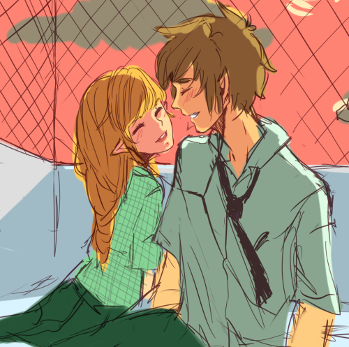 spud-tan:  Modern!Link and Modern!Zelda in school :DD I am not good at uniforms that aren’t english, so they’re in common english uniforms :DD 