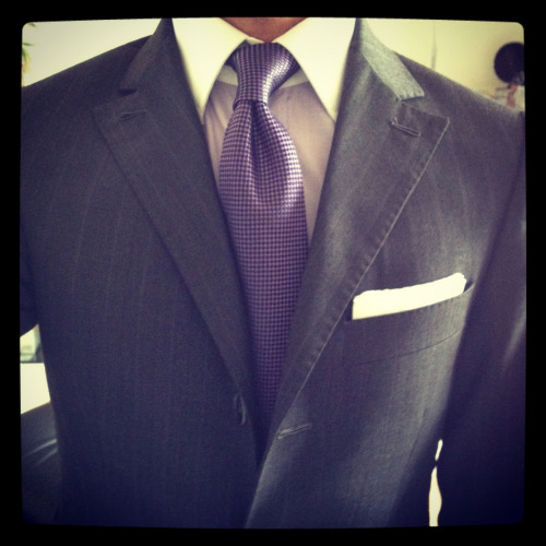 MTM suit by Michael Ohnona, fabric by Scabal (grey caviar with purple stripes) Bespoke shirt by Lucc