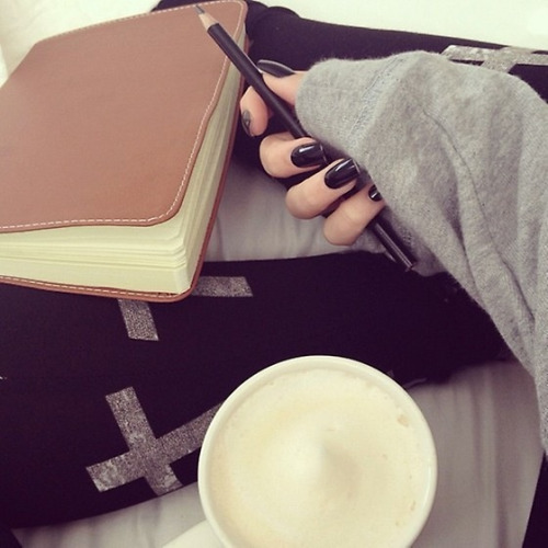 if-time-was-still:   journal, coffee, bed, on a rainy day.. #SoContent  Alli’s arm is tumblr famous 