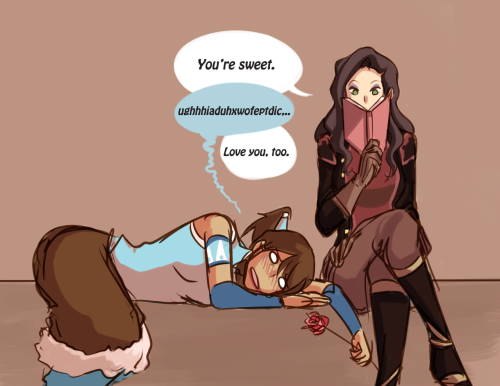 beroberos:  Suave/cocky Korra gets shut down by assertive Asami. Alliterations yayyy. UGH OKAY THIRD TIME I’M POSTING THIS. Gonna have this one up so you guys can actually READ what they’re saying xD I’m sorry for spamming your dashes OTL 