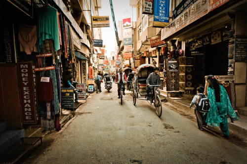 Narrow, shop-lined street in Thamel, Nepal. (Thamel is the center of the tourist industry in Kathman