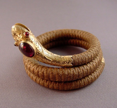 highvictoriana-blog:Victorian snake coil bracelet, 14K gold, garnets and a woven