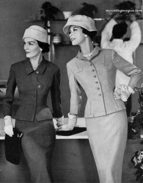 theniftyfifties:  Models wearing suits by Holiday for Sakowitz Houston, 1957. 