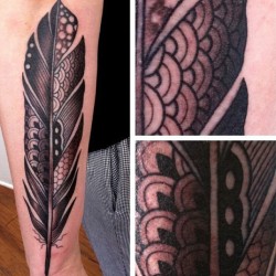 fuckyeahtattoos:  A young lady came in to get a generic “google images” feather tattoo. We decided to draw her a custom design instead! Don’t settle for a common tattoo design when you can get something special :) Dean Denney.Anonymous Tattoo Savannah,