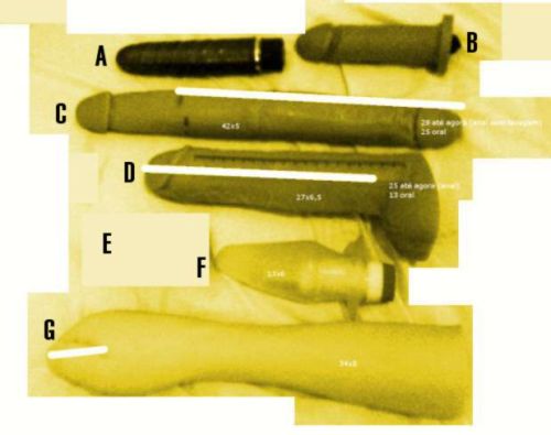 Some of my toys, in centimeters. Até agora (Portuguese) = Until now. The D toy is a John Holmes replica, one of the bigs, but realistic instead. C: 16 ½" x 2" D: 11" x 2 ½" G: 13 3/8 x 3 ¼" (hand) I just