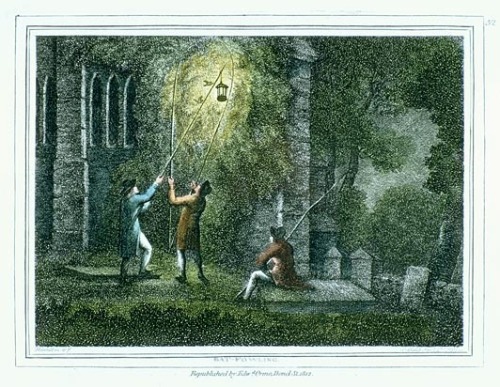 BAT-FOWLING. Samuel Howitt, colored engraving originally published 1799.  Bat-fowling is an arc
