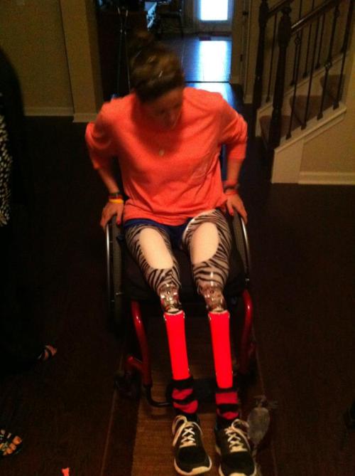 LW got new legs.  Love the zebra print top with pink bottom.