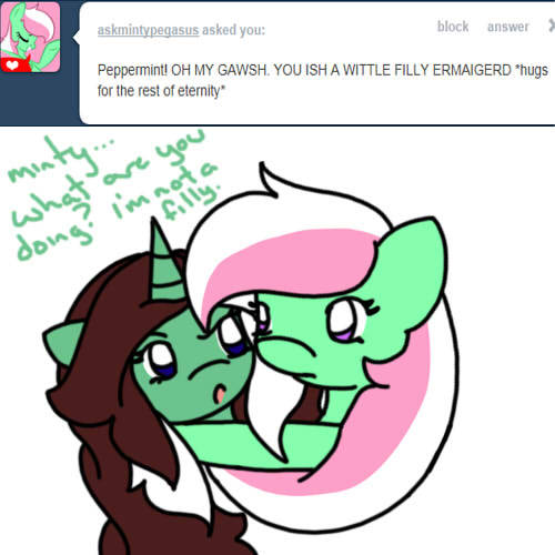 ask-peppermint-pattie:  You are all crazy!…Why am I wearing a pink apron? ((OK!