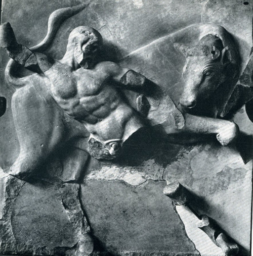 grumble-grumble: Herakles and the Cretan Bull, metope from the Temple of Zeus at Olympia. ~470 BCE