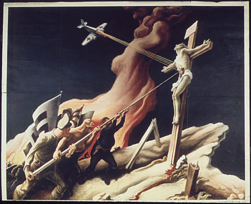Interesting World War II Propagand poster depicting Axis soldiers killing Jesus.