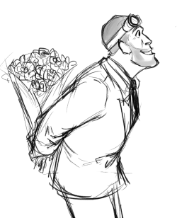 jannelle-o:  I should be doing my online homework, but instead I’m eating cheeseburgers and drawing Engineer with a bouquet of flowers -v- 