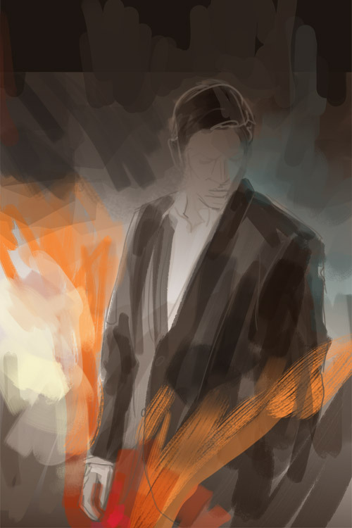 alicexz:  Process shots for He Who Fights with Monsters (print). Digital painting from references, Adobe Photoshop + Cintiq 21UX tablet. Mostly default hard-edged round brush with opacity jitter, some oil-effect brushes for early color blocking. Random