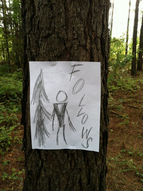 thranduilsenpai:  sexygingerninja:IN  kitsunecoffee:  alfredtheboywonder:  i just introduced my brother and his friends to slenderman they played the game and proceeded to freak the fuck out now they’re playing in the woods so i made these and stapled