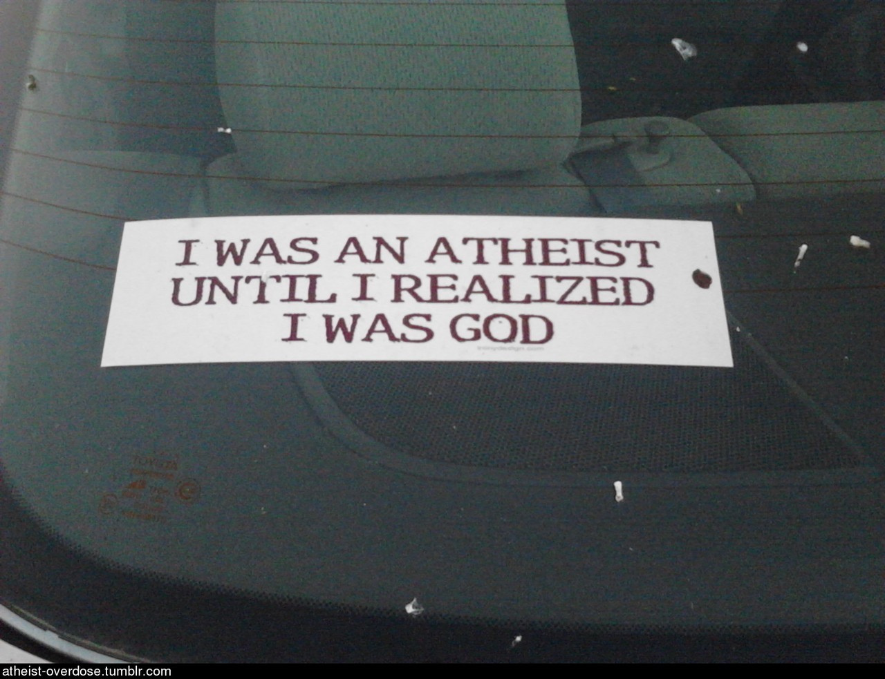 atheist-overdose:  Window sticker I found on someones car on the way to college.follow