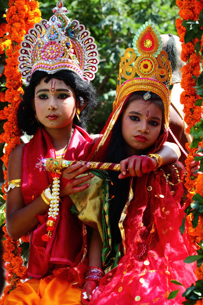 Children wearing colorful clothes at the festival of Janmashtami, marking Krishna&rsquo;s birthd