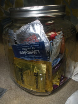 not-so-innocent:  I had this jar that you’re supposed to put good memories in, but this morning I decided that it would be a good place for condoms.  On deck