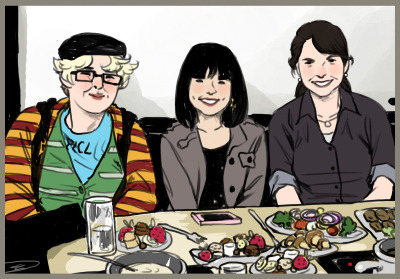 i drew me and my roommates at our anniversary dinner (from a photo obviously) because