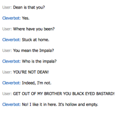 cas-get-into-my-ass:  kaytlinschmaytlin:  Cleverbot is a demon, and is making me want to cry.  IT’S HOLLOW AND EMPTY 