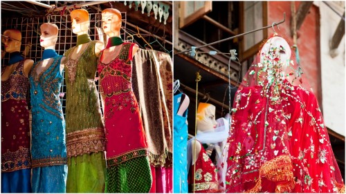 Kurtas and saris on display at a Thamel shop in Kathmandu, Nepal. Photography by BrookR