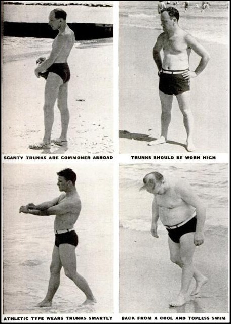 Sun Bathing in the 1930s“A male costume consisting solely of trunks was, until recently, cause