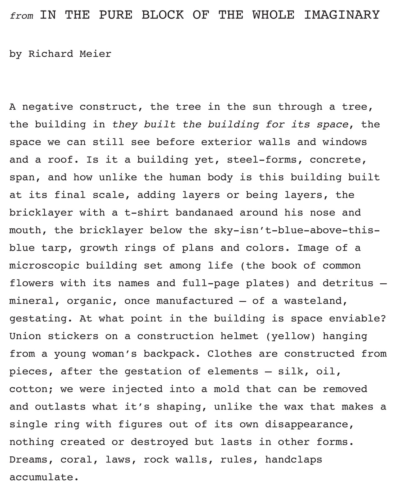 excerpt | from Richard Meier’s new Omnidawn book, In the Pure Block of the Whole Imaginary