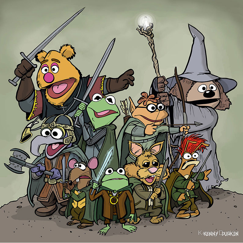 hobbitmoments:
“ The Fellowship of the Muppets, by Kenny Durkin
“ The Fellowship of the Muppets. That’s Robin as Frogo, Bean as Samwise Bunny, Pepe as Peppin, Rowlf as Gandrowlf, Scooter as Legofer, Kermit as Arafrog, Fozzie as Bearamir, Gonzo as...