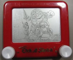 dorkly:  Bioshock Etch-a-Sketch No pencils or pens. Only knobs.  I always hated those Etch-a-Sketch.