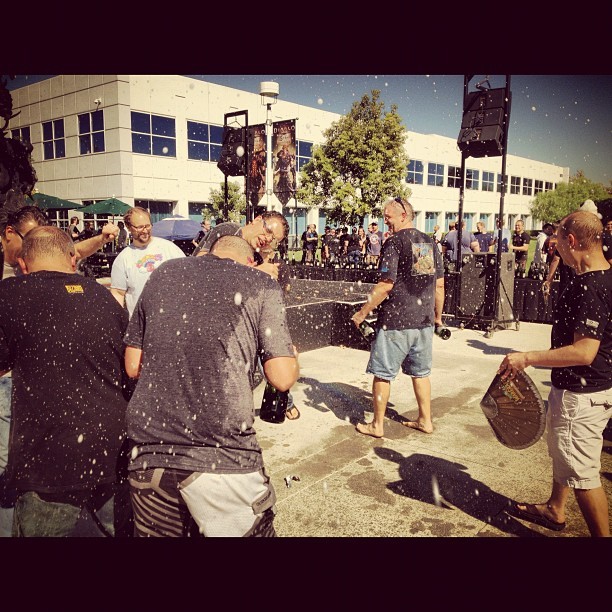 Tom Chilton, Greg Street, Cory Stockton, Dave Kosak & crew take a champagne shower. Honored to work with them! #Pandaria (at Blizzard Entertainment HQ)