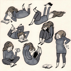 musingsofanotsodamagedmind:  knowthosefeels:  someone has finally illustrated all the different positions you find yourself in whilst reading.  Pretty accurate.  