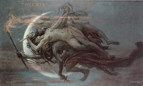 bitchbug:  Hecate (or Hekate), 1901, pastel by Maximilian Pirner, Czechoslovakian, 1854-1924. The three-bodied goddess in this very unusual artwork holds a key, a sword and a torch. The key may be a symbol for the afterlife; the sword a symbol for war