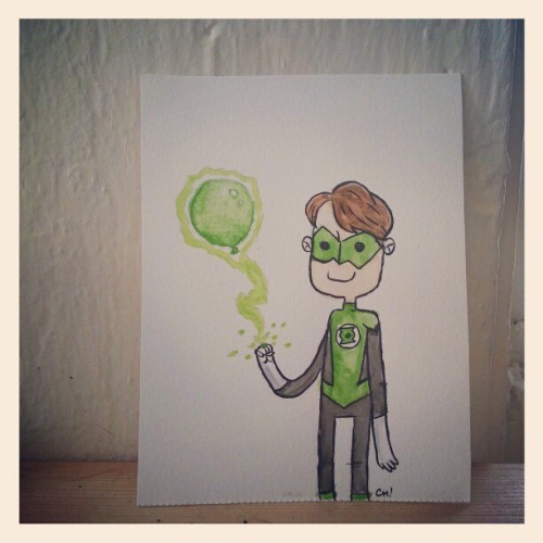 This is a little watercolor I did of Green Lantern. You can totally buy it if you want in my Etsy shop http://www.etsy.com/shop/thechrishaleyart
UPDATE: It has been sold!