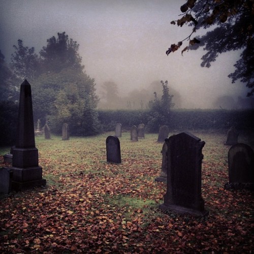 Spending my mornings in foggy graveyards listening to witch house… #grave #graveyard #church 