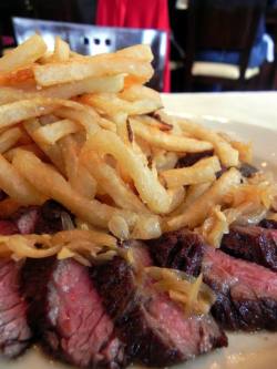 pomegranatesonapeachtree:  shelbysmith:curiousgeorgiana:nor-ton:nolafoodporn:   “Steak Frites” - sliced, rare hangar steak with a shallot vinaigrette and French fries with malt aioli from Coquett    fuckingfeedme  