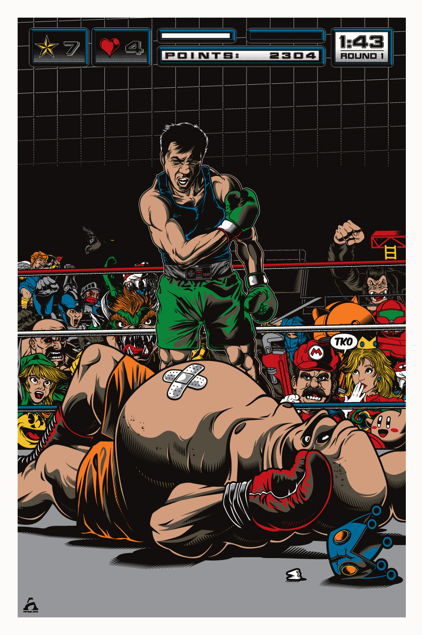 King Hippo didn’t stand a chance in this excellent Punch-Out themed illustration by artist Anthony Petrie that also encapsulates a great deal of other Nintendo icons. This is one of two pieces that Anthony has being shown at Gallery 1988’s Old School...