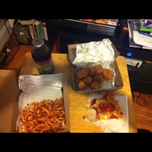 Lemon pepper chicken, pizza, and curly fries #food #chicken #pizza #fries #fatass.