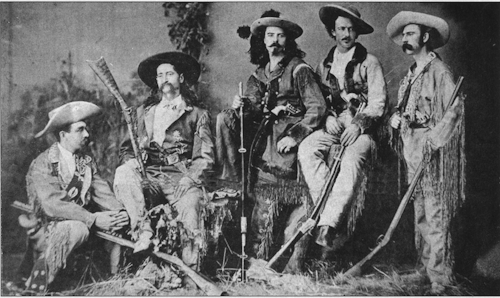 From left to right; Elisha Green, Wild Bill Hickok, Buffalo Bill Cody, Texas Jack Omohundro, and Eug
