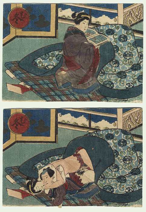 Original 19th century Japanese Woodblock Print Hidden Fold Shunga Toy Prints Shunga - Shun