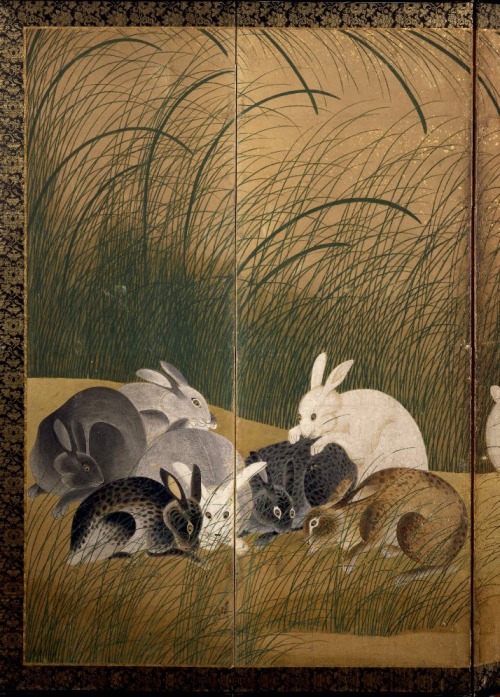 Six-panel screen with hares and autumn grassesJapan, Edo Period, 17th–18th centuryInk, colors,