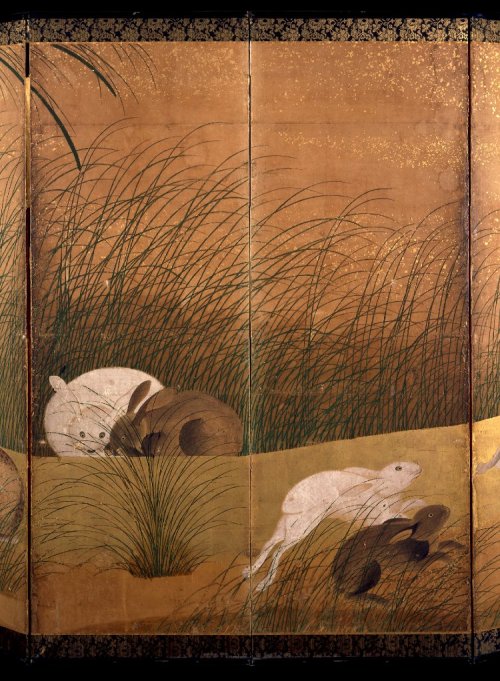 Six-panel screen with hares and autumn grassesJapan, Edo Period, 17th–18th centuryInk, colors,