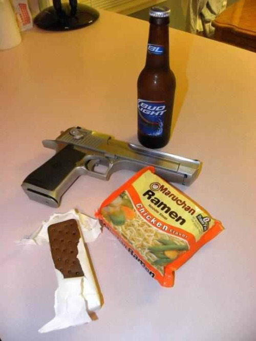 the 5 food groups: ramen, ice cream, beer, and gun