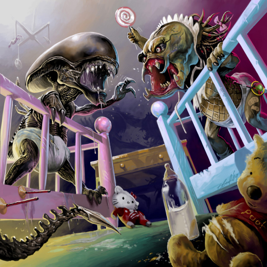 s-v-a:
“ archiemcphee:
“ Illustrator Edwin David, based in Taipei, Taiwan, takes us back to the very beginning of the Alien vs. Predator rivalry. It appears that hostilities first arose between slavering Xenomorph and Predator babies due to the...