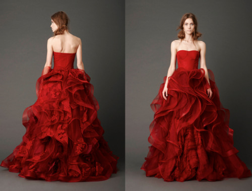 Dahlia, Crimson, Vermilion and Cardinal is the color palette for Vera Wang&rsquo;s Spring 2013 colle