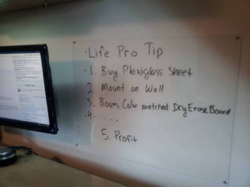 lifemadesimple:  Use Plexiglass to make a cheap, color-matching, dry erase board.
