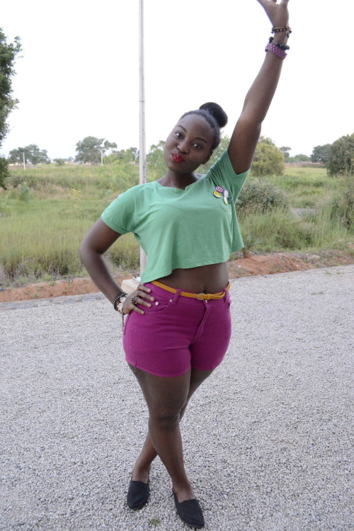 blackfashion:  demin shorts, crop top, zara mustard belt, air walk shoes and tag pins ochuwa, 20, yo