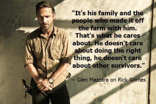 zap2it:  “Walking Dead” showrunner Glen Mazzara talks Rick’s new outlook and what happened in the prison  It’s finally becoming survival of the fittest group. Took two seasons and two episodes, but Rick’s finally not giving a shit anymore