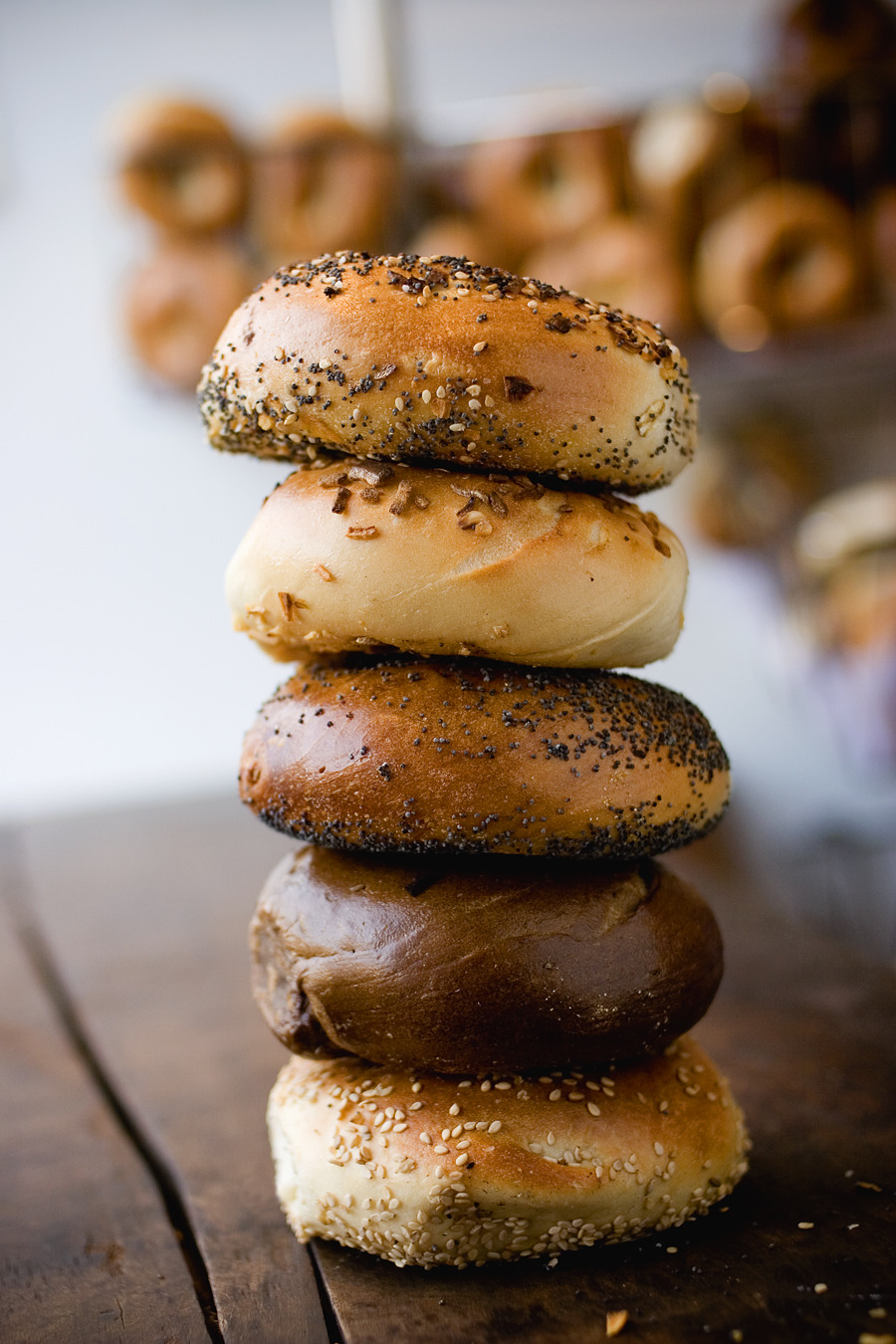 russanddaughters:  Bagels, stacked. At Russ &amp; Daughters. Traditional NYC