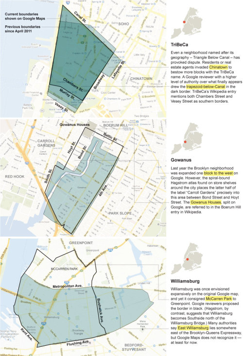 DIY geography: comparing how Google Maps and crowd-sourced editors outline the borders of various neighborhoods in New York, NY