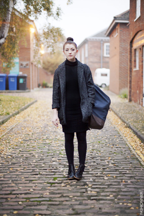 Helen&hellip; a black turtle neck dress and a large herringbone coat.  Norwich, UK