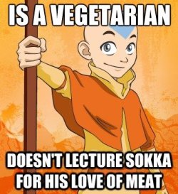 ebullient-efflorescence:  omfgulrichstern:  Good guy Aang.  Also, no one bothers him when he says he doesn’t eat meat. There’s no “OMGZ! Where do you get your protein?!” It’s just like “Oh, okay!” and life goes on.  