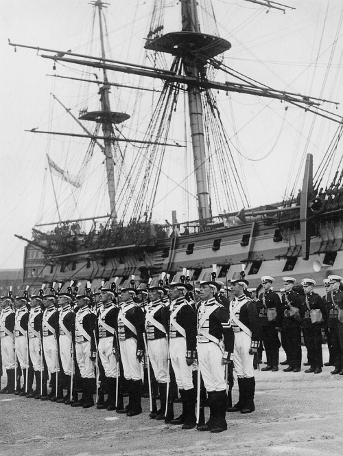 adventures-of-the-blackgang: HMS Victory in the 1930s with Royal Marines in 1805 period and contempo